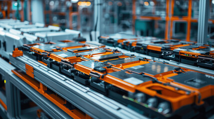 Wall Mural - Lithium-ion battery components for hybrid cars neatly arranged on a production line, showcasing high-capacity battery production inside a modern factory.