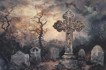 Wall Mural - Ornate Cross in Misty Old Graveyard
