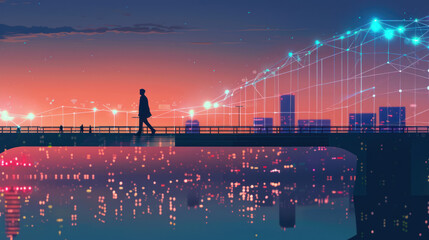 Wall Mural - Minimalist design of a businessman crossing a financial graph bridge, set against a city skyline at dusk, symbolizing progress and growth in a sleek composition.