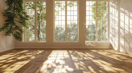 Minimalist room with large windows, sunlight and leaf shadows on the walls, and an empty wooden parquet floor, creating a warm, inviting mock-up setting.