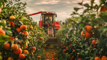Wall Mural - Mechanical harvester efficiently gathering ripe fruit from orchard trees, reducing labor costs and harvest time. --ar 16:9 --style raw Job ID: c2291ce3-e583-4f5d-b13e-edf94059b9bb