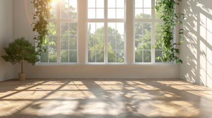 Wall Mural - Minimalist room with large windows, sunlight and leaf shadows on the walls, and an empty wooden parquet floor, creating a warm, inviting mock-up setting.