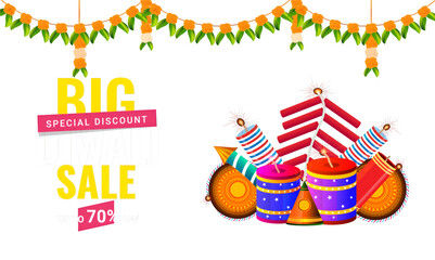 Wall Mural - Diwali sale poster or banner design with 70% discount offer and firecrackers on purple background for Indian festival celebration concept.