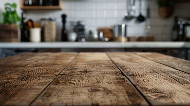 Rustic wooden table top in focus with a softly blurred kitchen scene behind, providing a warm and functional setting for product displays or design mock-ups.