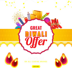 Wall Mural - diwali sale poster or template design with 30-70% discount offer, firecrackers and illuminated oil l