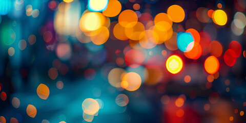 Poster - A blurry image of a city street with bright lights and colorful circles