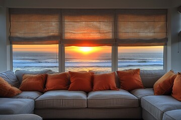 Sticker - Comfortable living room with a stunning ocean view, cozy seating, and a warm atmosphere perfect for relaxation