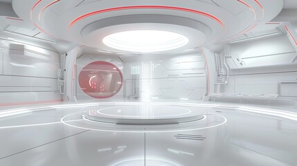 futuristic white and red medical facility interior with circular holographic display, high-tech ambi