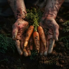 Canvas Print - AI-generated illustration of Two pairs of hands offering carrots in the soil