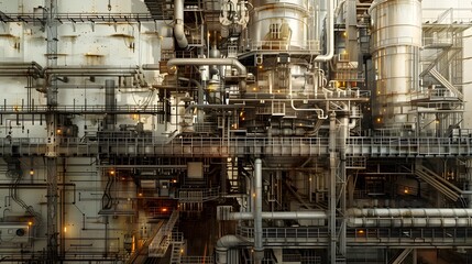 Poster - A large industrial building with many pipes and valves. The image has a futuristic feel to it. Scene is industrial and mechanical