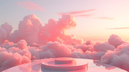 Fototapete - Transparent fluffy clouds form a realistic product podium stage, set against a soft pastel-colored background,Natural beauty podium backdrop for product display with dreamy cloud