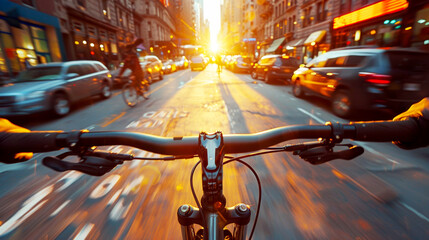 A cyclist navigating through city traffic at sunset, viewed from the handlebars.