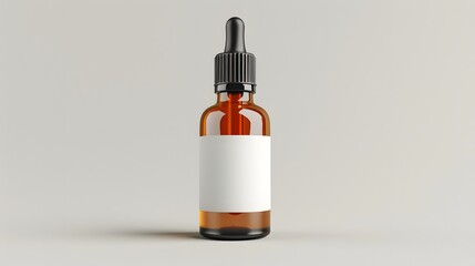 A brown glass dropper bottle with a white blank label on a light grey background, a mockup template for product presentation design.