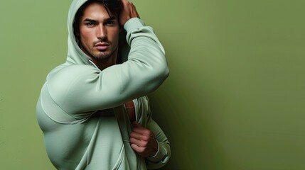 Male fitness model in a sage green hoodie posing athletically, isolated on a sage green background