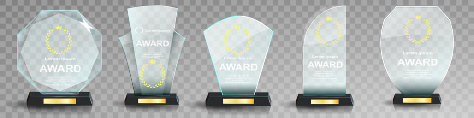 Sticker - Glass award trophy set. Transparent prize template. Winner first place concept. Vector illustration. Winner glass trophy. First place award, crystal prize and signed acrylic trophies. Glass awarding t