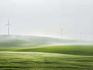 Wall Mural - Windmills in the distance standing tall in a green field covered by fog, AI-generated.