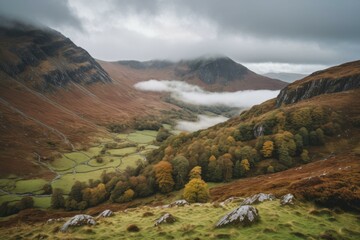 Wall Mural - Overcast Day in Snowdonia with Misty Autumn Colors