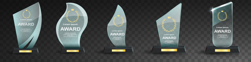 glass award trophy set. transparent prize template. winner first place concept. vector illustration.