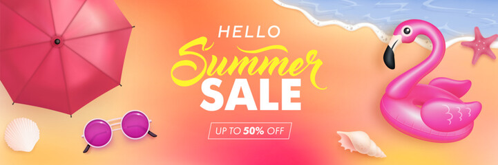 Wall Mural - Summer sale flyer, billboard or web banner design template with 3d sunglasses, flamingo, umbrella and sea waves on colorful background. Vector illustration