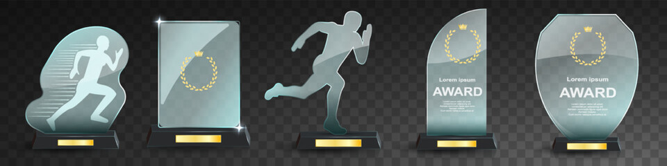 Sticker - Glass award trophy set. Transparent prize template. Winner first place concept. Vector illustration. Winner glass trophy. First place award, crystal prize and signed acrylic trophies. Glass awarding t