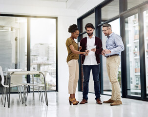 Aufkleber - employee, people and discussion at office with tablet for teamwork or collaboration and project. ide