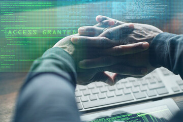 Poster - Hacker, hands and code on computer at night as spy, information or ransomware with programming on website with overlay. Person, relax and cybersecurity with password, software or hacking crime thief