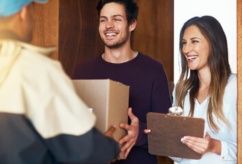 Poster - E commerce, delivery man with package boxes and couple at front door for logistics. Distribution or online shopping, courier supply chain or shipping or happy customer with cardboard parcel packaging