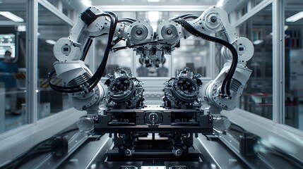 Poster - Within the confines of a state-of-the-art factory, robotic arms assemble intricate high-tech engines with flawless efficiency, showcasing the marriage of craftsmanship and automation
