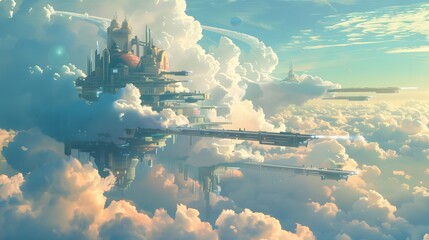 Poster - A futuristic city is floating in the sky above a cloudy backdrop. The city is made up of many buildings, including a large castle. The sky is filled with clouds, giving the scene a dreamy