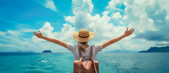 Sticker - happy woman enjoying with open hands on sea, summer travel concept background