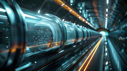 Poster - a futuristic industry that uses teleportation tubes for transporting employees. 