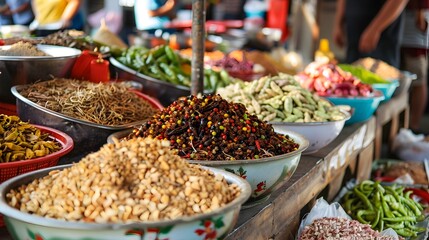 Wall Mural - Vibrant Display of Exotic Spices and Herbs at Traditional Thai Market