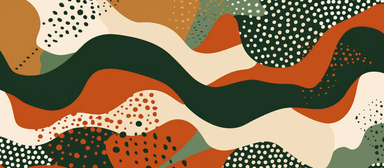 Wall Mural - Abstract background with simple shapes and lines in the style of terracotta, beige and green, earthy colors, patterns, dots, waves