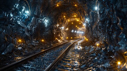 Wall Mural - Exploration team navigating through dimly lit mine shaft with striking lighting effects