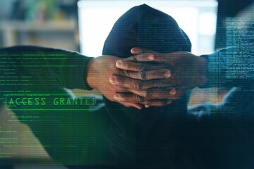 Poster - Man, hacker and code on computer at night for spy, success information or ransomware with programming on website for overlay. Person, done and cybersecurity with password, software or hacking crime