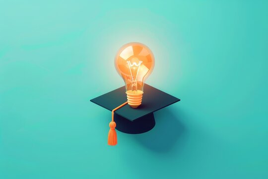 Front view flat design of a graduation hat with a light bulb above it, symbolizing an idea, animated and vivid close up, academic inspiration, vibrant, Overlay, classroom board backdrop