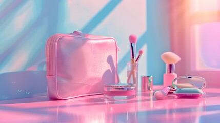 A pink makeup bag with various beauty products and brushes on the table against a pastel background. The scene is depicted in the style of a pastel background.