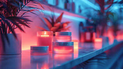 A modern, ambient spa setting with lit candles, green plants, and soft blue and red lighting, creating a relaxing and tranquil atmosphere.