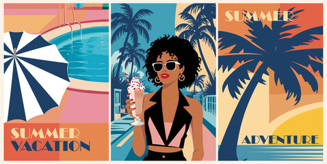 Wall Mural - Set of summer posters in retro style with a pool, beautiful woman drinking milkshake, palm trees. Summer time, vacation digital prints, cover template. Vector illustration.