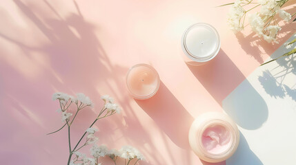 Aesthetic flat lay of skincare products and delicate flowers on a pastel pink background, perfect for beauty and wellness themes.