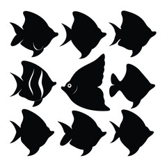 Sticker - Set of Butterfly Fish animal black silhouettes vector on white background