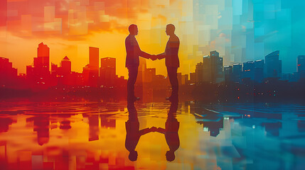 Silhouetted businessmen shaking hands against a vibrant cityscape background, symbolizing partnership and agreement in a modern urban setting.