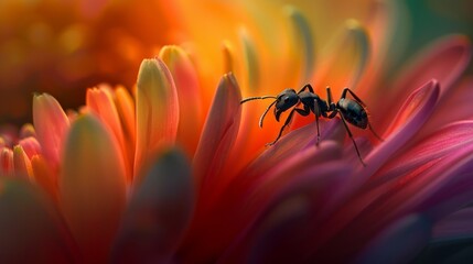 Poster - An ant crawling on a flower petal, with vibrant colors of the flower contrasting against dark body