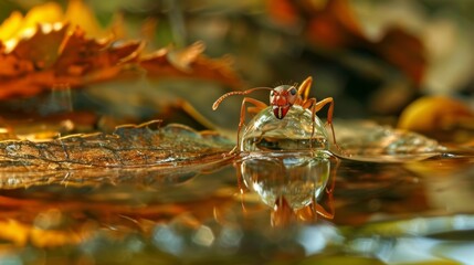 Poster - An ant drinking from a water droplet on a leaf, with the droplet reflecting the surrounding environment