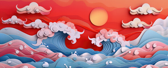 Wall Mural - Chinese style papercut art of auspicious clouds and the sun rising over mountains and sea, with a red and blue color scheme