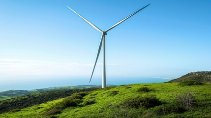 Wall Mural - A lone wind turbine standing on a lush green hill, with a clear blue sky in the background. 