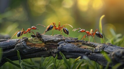 Leinwandbilder - Ants interacting with each other on a log, possibly communicating or exchanging food