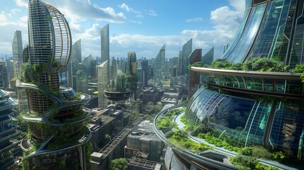 Wall Mural - A panoramic view of a futuristic city where all buildings are equipped with energy-efficient designs, including smart glass, green roofs, and solar panels. 