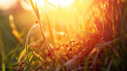 Poster - Ants navigating through blades of grass, with the sun casting shadows and creating a dynamic landscape