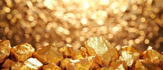 A stunning close-up of shimmering gold nuggets with a sparkling, glittering background. Perfect for illustrating wealth, investment, or luxury.